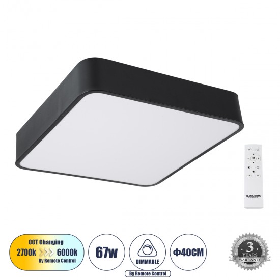 GLOBOSTAR® KAMALA 61206-S Μοντέρνο Φωτιστικό Οροφής LED 67W 6700lm 120° AC 220-240V IP20 Ρυθμιζόμενο Λευκό CCT με Χειριστήριο από 2700K έως 6000K Dimmable - Lumileds SMD Chip - Μαύρο Ματ - Μ40 x Π40 x Υ8cm - 3 Χρόνια Εγγύηση