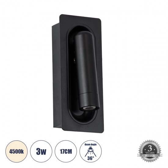 GLOBOSTAR® MANHATTAN 61097 Μοντέρνο Φωτιστικό Τοίχου - Απλίκα Ξενοδοχείου Reading Light LED 3W 405lm 36° AC 220-240V IP20 Φυσικό Λευκό 4500K - Bridgelux COB Chip & TÜV SÜD Driver - Μαύρο - Μ7 x Π7 x Υ17cm - 3 Χρόνια Εγγύηση