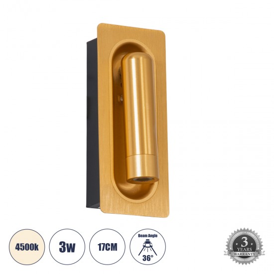 GLOBOSTAR® MANHATTAN 61100 Μοντέρνο Φωτιστικό Τοίχου - Απλίκα Ξενοδοχείου Reading Light LED 3W 405lm 36° AC 220-240V IP20 Φυσικό Λευκό 4500K - Bridgelux COB Chip & TÜV SÜD Driver - Χρυσό Βούρτσας - Μ7 x Π7 x Υ17cm - 3 Χρόνια Εγγύηση