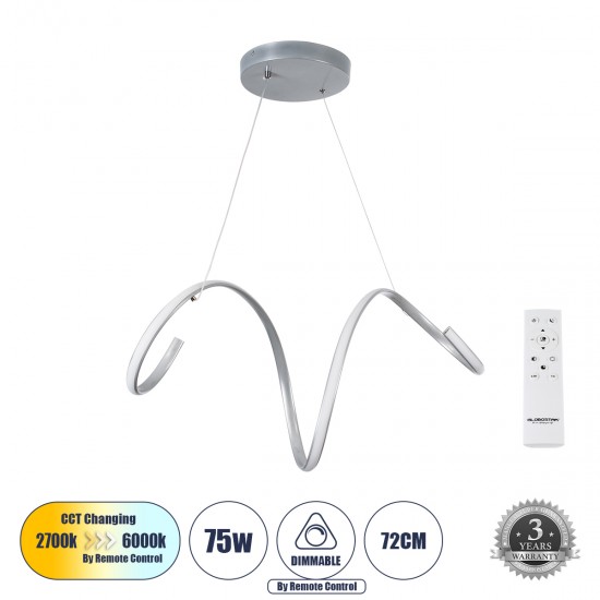 GLOBOSTAR® SPIRALE 61285 Μοντέρνο Κρεμαστό Φωτιστικό Οροφής LED 75W 7500lm 300° AC 220-240V IP20 Ρυθμιζόμενο Λευκό CCT με Χειριστήριο από 2700K έως 6000K Dimmable - Lumileds SMD Chip - Νίκελ Βούρτσας - Μ72 x Π25 x Υ30cm - 3 Χρόνια Εγγύηση