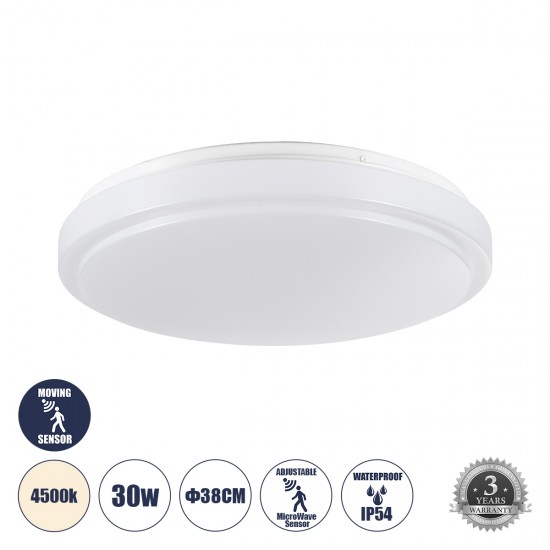 GLOBOSTAR® SENSORANO 60995 Φωτιστικό Πλαφονιέρα Οροφής με Ανιχνευτή Microwave / Αισθητήρα Κίνησης LED 30W 3000lm 120° AC 220-240V Αδιάβροχο IP54 Φυσικό Λευκό 4500K - Lumileds SMD Chip - Λευκό Γαλακτερό - Μ38 x Π38 x Υ5.3cm - 3 Χρόνια Εγγύηση