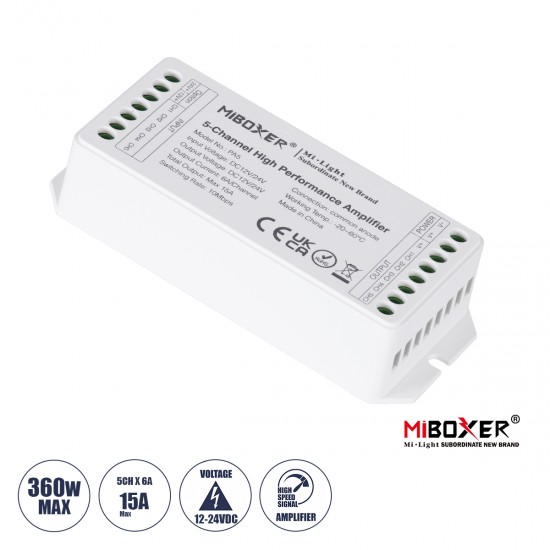 GLOBOSTAR® MiBOXER-PA5 71429 DC Ενισχυτής Ισχύος & Σήματος Υψηλής Ταχύτητας με 5 x 6A 144W Κανάλια DC 12-24V 15A 360W Max IP20 - Μ11.4 x Π4.9 x Υ2.8cm - 5 Χρόνια Εγγύηση
