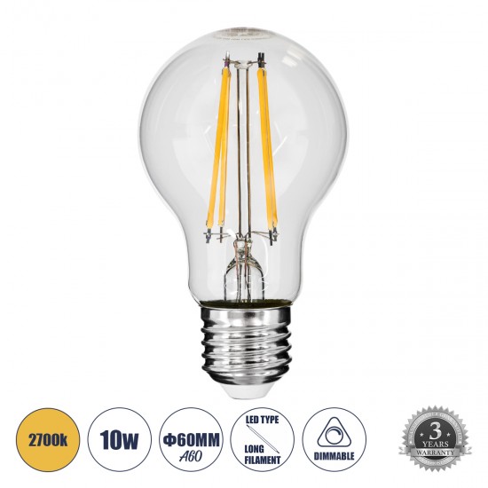 GLOBOSTAR® GLOBE 99008 Λάμπα E27 A60 LED 10W 1000lm 360° AC 220-240V IP20 Θερμό Λευκό 2700K Dimmable - Long Filament Chip - Διάφανο - Μ6 x Π6 x Υ10.5cm - 3 Χρόνια Εγγύηση