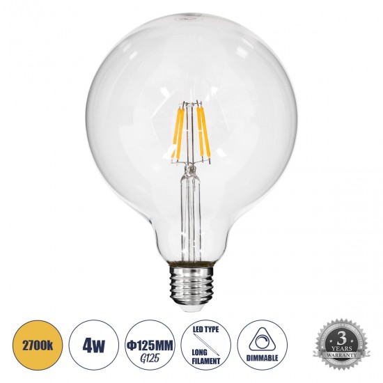 GLOBOSTAR® BUBBLE 99012 Λάμπα E27 G125 LED 4W 400lm 360° AC 220-240V IP20 Θερμό Λευκό 2700K Dimmable - Long Filament Chip - Διάφανο - Μ12.5 x Π12.5 x Υ18cm - 3 Χρόνια Εγγύηση
