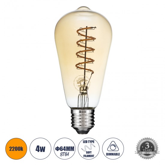 GLOBOSTAR® PEAR 99144 Λάμπα E27 ST64 LED 4W 280lm 360° AC 220-240V IP20 Ultra Θερμό Λευκό 2200K Dimmable - Soft S Spiral Filament Chip - Μελί - Μ6.4 x Π6.4 x Υ14cm - 3 Χρόνια Εγγύηση