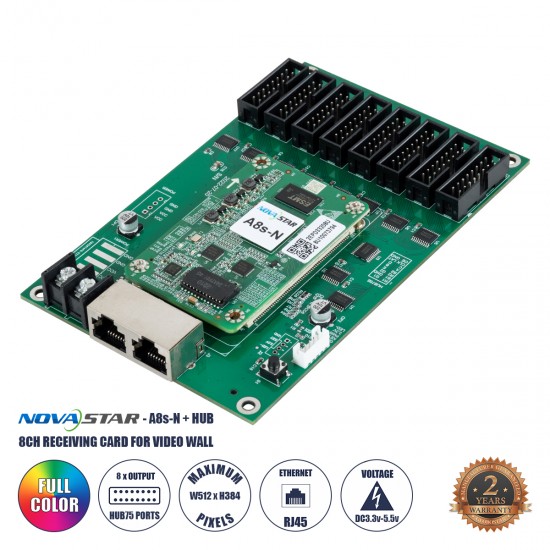 GLOBOSTAR® A8S-N+HUB 41022 Novastar A8S-N+HUB Receiving Card για Οθόνες LED Video Wall 8 x HUB75E με Loading Capacity σε Pixel 512 x 384px - Gigabit Network Ethernet Input & Output Ports - DC 5V IP20 - Μ7 x Π4.5 x Υ0.8cm - 2 Χρόνια Εγγύηση