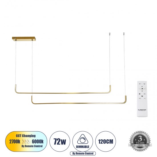 GLOBOSTAR® LINARIA DUO 60926 Μοντέρνο Κρεμαστό Φωτιστικό Οροφής LED 72W 8300lm 200° AC 220-240V IP20 Ρυθμιζόμενο Λευκό CCT με Χειριστήριο από 2700K έως 6000K Dimmable - Lumileds SMD Chip - Χρυσό Βούρτσας - Μ130 x Π4 x Υ25cm - 3 Χρόνια Εγγύηση