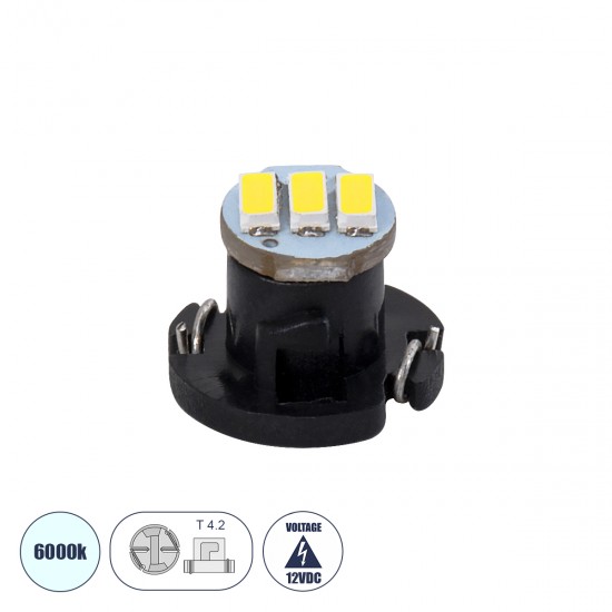 GLOBOSTAR® T4.2 81008 Λάμπα T4.2 11mm B8.5d LED 0.18W 28lm 120° DC 12V IP20 Ψυχρό Λευκό 6000K - 3 x Epistar SMD4014 Chip - Μ1.1 x Π1.1 x Υ0.8cm - 1 Χρόνο Εγγύηση