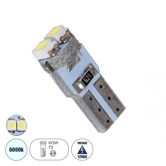 GloboStar® T5 81022 Λάμπα Αυτοκινήτου LED 2xSMD1210 0.6W 90lm 120° DC 12V IP20 Φ0.7 x Υ1.7cm Ψυχρό Λευκό 6000K