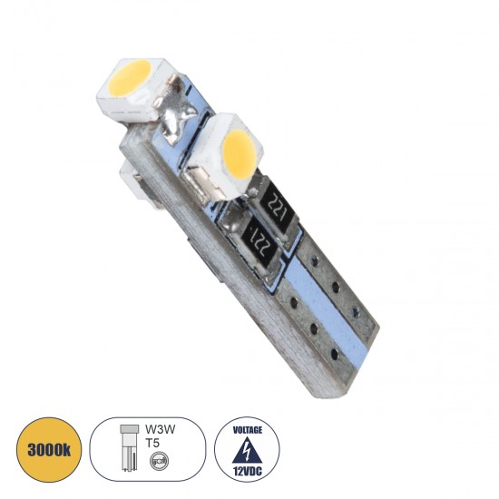GloboStar® T5 81030 Λάμπα Αυτοκινήτου LED 3xSMD1210 0.48W 18lm 360° DC 12V IP20 Φ0.6 x Υ2cm Θερμό Λευκό 3000K