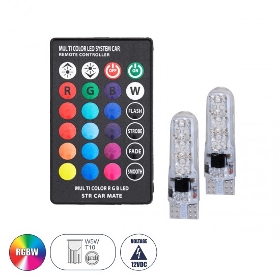 GloboStar® T10 W5W 81062 Λάμπές Αυτοκινήτου LED με Ασύρματο Χειριστήριο IR 6xSMD3535 2W/4W 300lm 360° DC 12V IP20 Φ1 x Υ3.5cm RGBW - Σετ 2 Τεμαχίων σε Blister