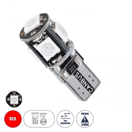 GloboStar® T10 W5W 81091 Λάμπα Αυτοκίνητου LED  2rd Generation Can-Bus Series 5xSMD5050 2.30W 240lm 360° DC 12V IP20 Φ1.1 x Υ2.7cm Κόκκινο
