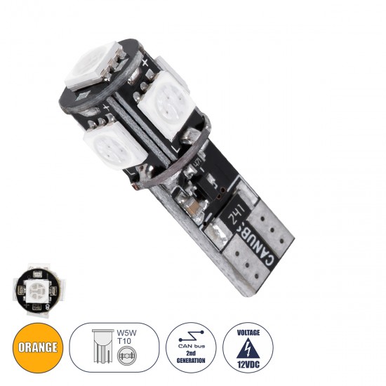 GloboStar® T10 W5W 08050 Λάμπα Αυτοκίνητου LED  2rd Generation Can-Bus Series 5xSMD5050 2.30W 240lm 360° DC 12V IP20 Φ1.1 x Υ2.7cm Πορτοκαλί