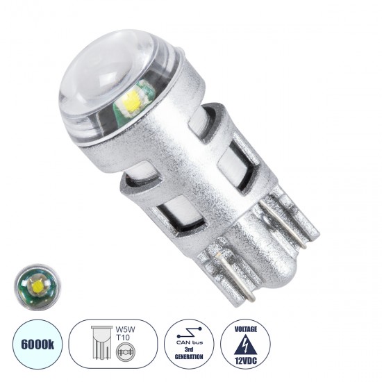 GloboStar® T10 W5W 81101 Λάμπα Αυτοκινήτου LED  3rd Generation Can-Bus Extreme Series 1xCREE-XPE 5W 105lm 120° DC 12V IP20 Φ1 x Υ2.5cm Ψυχρό Λευκό 6000K