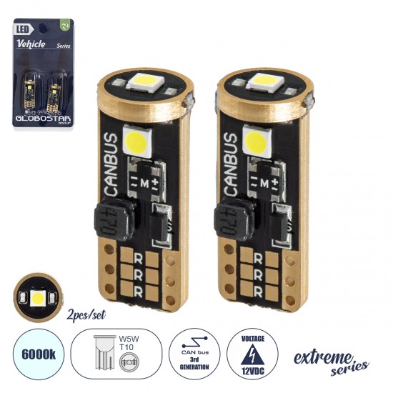 GloboStar® T10 W5W 81115-B Λάμπες Αυτοκινήτου LED  3rd Generation Can-Bus Extreme Series 3xSMD3030 2W/4W 150lm/300lm 360° DC 12V IP20 Φ1 x Υ2.5cm Ψυχρό Λευκό 6000K - Σετ 2 Τεμαχίων σε Blister