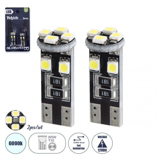 GLOBOSTAR® W5W-T10 81119-B Λάμπα W5W T10 CANbus LED 2W/4W 72lm/144lm 360° DC 12V IP20 Ψυχρό Λευκό 6000K - 8 x Epistar SMD1210 Chip - Μ1 x Π1 x Υ2.5cm - Πακέτο Blister 2 Τεμαχίων - 1 Χρόνο Εγγύηση