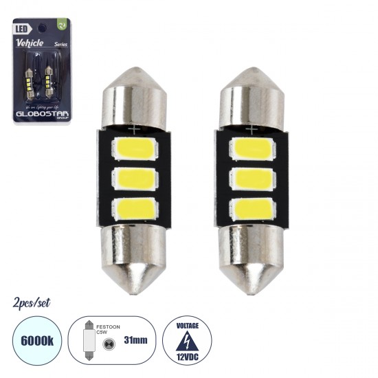 GLOBOSTAR® C5W 81301-B Σωληνωτή Λάμπα C5W 31mm LED 0.36W/0.72W 120lm/240lm 120° DC 12V IP20 Ψυχρό Λευκό 6000K - 3 x Epistar SMD5630 Chip - Μ3.1 x Π0.9 x Υ0.9cm - Πακέτο Blister 2 Τεμαχίων - 1 Χρόνο Εγγύηση