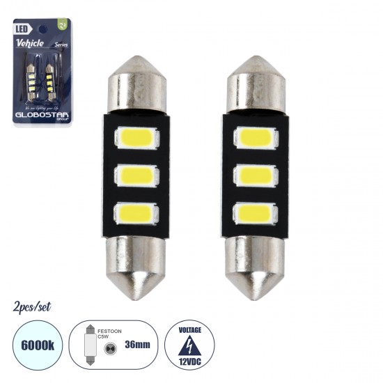 GLOBOSTAR® C5W 81302-B Σωληνωτή Λάμπα C5W 36mm LED 0.36W/0.72W 120lm/240lm 120° DC 12V IP20 Ψυχρό Λευκό 6000K - 3 x Epistar SMD5630 Chip - Μ3.6 x Π0.9 x Υ0.9cm - Πακέτο Blister 2 Τεμαχίων - 1 Χρόνο Εγγύηση
