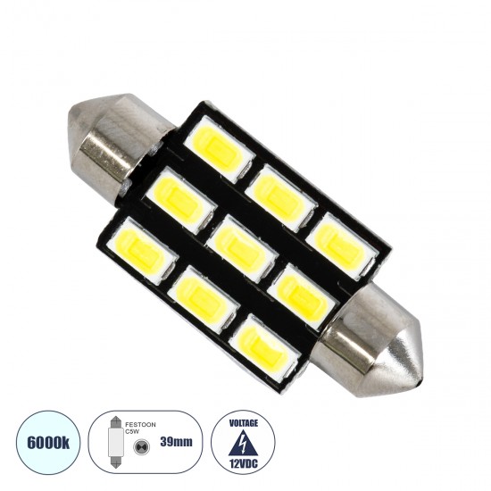 GloboStar® C5W 81307 Λάμπα Αυτοκινήτου LED 39mm FESTOON - 9xSMD5630 4.5W 675lm 120° DC 12V IP20 Μ3.9 x Π1.2 x Υ1.2cm Ψυχρό Λευκό 6000K