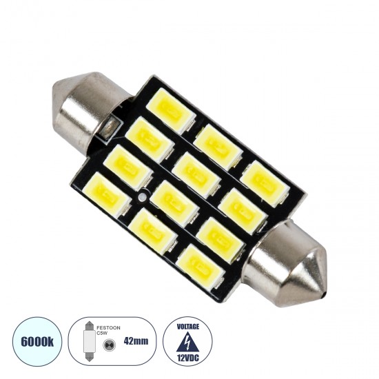 GloboStar® C5W 81308 Λάμπα Αυτοκινήτου LED 42mm FESTOON - 12xSMD5630 6W 900lm 120° DC 12V IP20 Μ4.2 x Π1.2 x Υ1.2cm Ψυχρό Λευκό 6000K