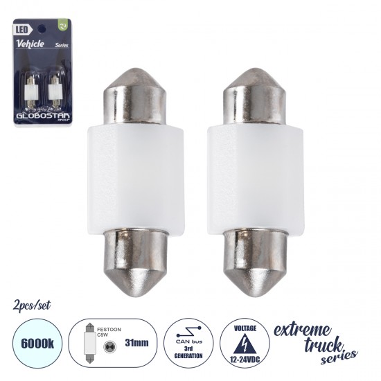 GLOBOSTAR® C5W 81332-B Σωληνωτή Λάμπα C5W 31mm CANbus LED 1.92W/3.84W 100lm/200lm 120° DC 12-24V IP20 Ψυχρό Λευκό 6000K - 2 x Epistar SMD3030 Chip - Μ3.1 x Π1.2 x Υ1cm - Πακέτο Blister 2 Τεμαχίων - 1 Χρόνο Εγγύηση