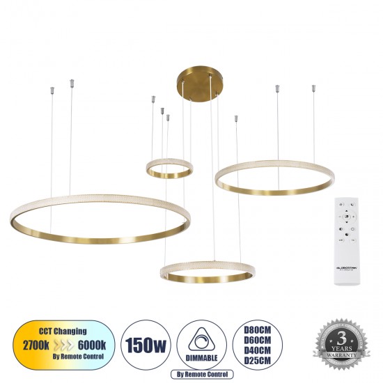 GLOBOSTAR® DIAMOND TETRA 61149 Μοντέρνο Κρεμαστό Φωτιστικό Οροφής LED 150W 18379lm 360° AC 220-240V IP20 Ρυθμιζόμενο Λευκό CCT με Χειριστήριο από 2700K έως 6000K Dimmable - Lumileds SMD Chip - Χρυσό Βούρτσας - Μ150 x Π150 x Υ60cm - 3 Χρόνια Εγγύηση
