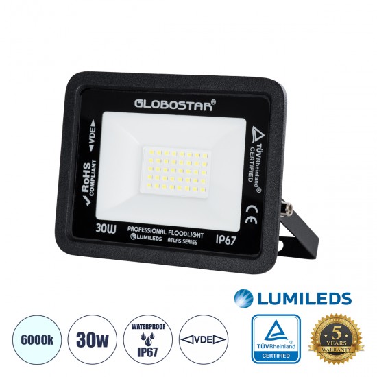 GLOBOSTAR® ATLAS 61416 Προβολέας LED 30W 3750lm 120° AC 220-240V Αδιάβροχο IP67 Ψυχρό Λευκό 6000K - Lumileds SMD Chip - TÜV Rheinland Certified - Μαύρο Ματ - Μ16 x Π2.5 x Υ12.5cm - 5 Χρόνια Εγγύηση