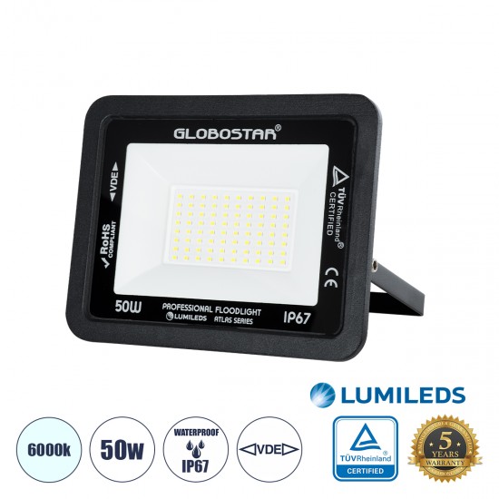 GLOBOSTAR® ATLAS 61422 Προβολέας LED 50W 6250lm 120° AC 220-240V Αδιάβροχο IP67 Ψυχρό Λευκό 6000K - Lumileds SMD Chip - TÜV Rheinland Certified - Μαύρο Ματ - Μ21 x Π3.5 x Υ16cm - 5 Χρόνια Εγγύηση