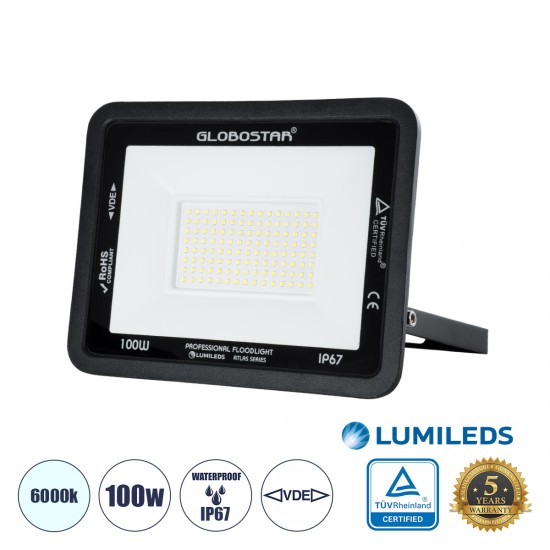 GLOBOSTAR® ATLAS 61425 Προβολέας LED 100W 12500lm 120° AC 220-240V Αδιάβροχο IP67 Ψυχρό Λευκό 6000K - Lumileds SMD Chip - TÜV Rheinland Certified - Μαύρο Ματ - Μ27 x Π4 x Υ21cm - 5 Χρόνια Εγγύηση