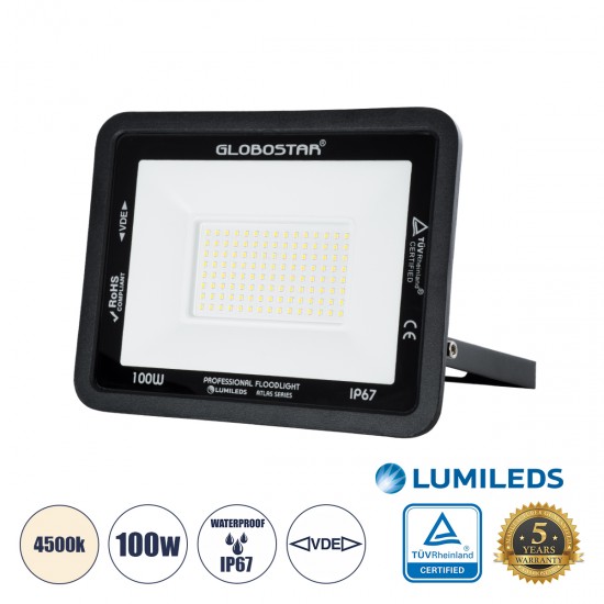 GLOBOSTAR® ATLAS 61426 Προβολέας LED 100W 12000lm 120° AC 220-240V Αδιάβροχο IP67 Φυσικό Λευκό 4500K - Lumileds SMD Chip - TÜV Rheinland Certified - Μαύρο Ματ - Μ27 x Π4 x Υ21cm - 5 Χρόνια Εγγύηση