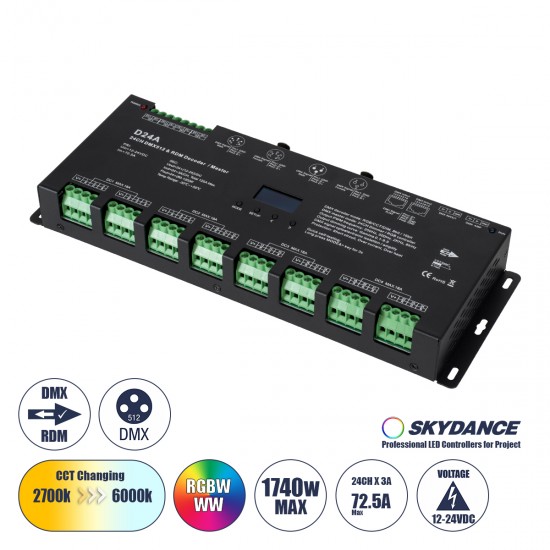 GLOBOSTAR® SKYDANCE-D24A 70673 DC DMX Master Dimmer / Controller / Decoder Υψηλής Ταχύτητας με 24 x 3A 72W Κανάλια DC 12-24V 72.5A 1740W Max IP20 - DMX512 & RDM - Μ16.7 x Π5 x Υ2.4cm - 5 Χρόνια Εγγύηση