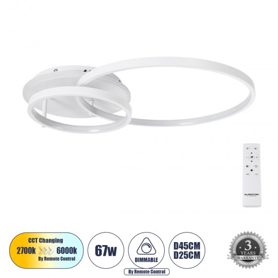 GLOBOSTAR® NEMESIS 61106 Μοντέρνο Φωτιστικό Οροφής LED 67W 7573lm 360° AC 220-240V IP20 Ρυθμιζόμενο Λευκό CCT με Χειριστήριο από 2700K έως 6000K Dimmable - Lumileds SMD Chip - Λευκό Ματ - Μ84 x Π45 x Υ13cm - 3 Χρόνια Εγγύηση