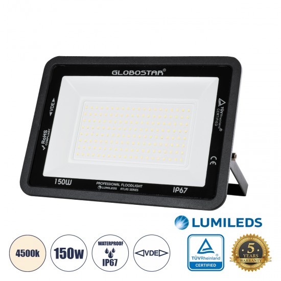 GLOBOSTAR® ATLAS 61429 Προβολέας LED 150W 18000lm 120° AC 220-240V Αδιάβροχο IP67 Φυσικό Λευκό Ματ 4500K - Lumileds SMD Chip - TÜV Rheinland Certified - Μαύρο Ματ - Μ32 x Π4 x Υ23cm - 5 Χρόνια Εγγύηση