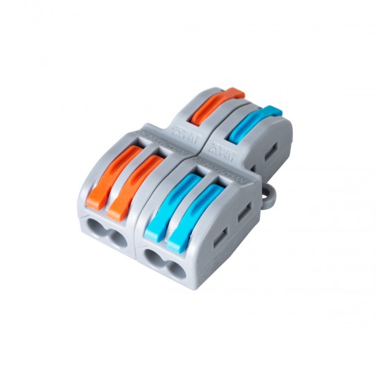 GLOBOSTAR® FAST-CONNECT 69913 Διπλή σε Τετραπλή Κλέμα Ταχείας Σύνδεσης & Διακλάδωσης Καλωδίων - 2 x Είσοδοι & 4 x Έξοδοι με Συμβατή Διατομή Καλωδίων 0.08mm² έως 2.5mm² - 250V/4KV 32A Max IP20 - Γκρι με Πορτοκαλί & Μπλε - Μ2.6 x Π4 x Υ1.5cm - Πακέτο 5 Τεμαχίων