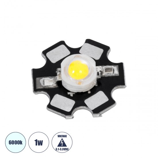 GLOBOSTAR® STARCHIP 73740 High Power Star LED 1W 100lm 90° DC 3.2V IP20 Ψυχρό Λευκό 6000K Dimmable - Sanan Chip - Μ2 x Π2 x Υ0.6cm - 2 Χρόνια Εγγύηση