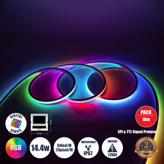 GLOBOSTAR® NEONIO-A 90753 Ψηφιακή Pixel Addressable Ταινία Neon Flex LED 14.4W/m 864lm/m 90° DC 12V Αδιάβροχο IP65 60 x SMD5050 Chip/m 20 x Pixel/m Πολύχρωμο RGB Dimmable SPI/TTL Protocol IC SM16703P/WS2811/WS2812 - Sanan SMD Chip - Μ1000 x Π1.4 x Υ1.4cm - Ρολό 10 Μέτρων - 3 Χρόνια Εγγύηση