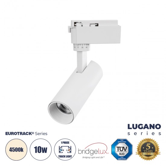 GloboStar® LUGANO 60801 Μονοφασικό Φωτιστικό Σποτ Ράγας LED 10W 1250lm 36° Acrylic HQ LENS AC 220-240V IP20 Φ4.5 x Υ18cm Φυσικό Λευκό 4500K - EUROTRACK® System 1L+1N - Λευκό - Bridgelux Chip - TÜV Certified Driver - 5 Χρόνια Εγγύηση