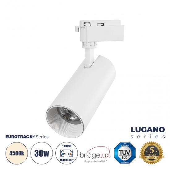 GloboStar® LUGANO 60813 Μονοφασικό Φωτιστικό Σποτ Ράγας LED 30W 3750lm 36° Acrylic HQ LENS AC 220-240V IP20 Φ7.5 x Υ22cm Φυσικό Λευκό 4500K - EUROTRACK® System 1L+1N - Λευκό - Bridgelux Chip - TÜV Certified Driver - 5 Χρόνια Εγγύηση