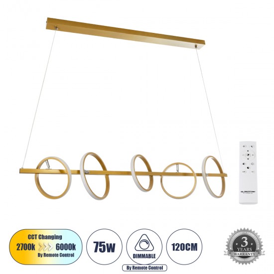 GLOBOSTAR® CIRCOLARE 61322 Μοντέρνο Κρεμαστό Φωτιστικό Οροφής LED 75W 8400lm 360° AC 220-240V IP20 Ρυθμιζόμενο Λευκό CCT με Χειριστήριο από 2700K έως 6000K Dimmable - Lumileds SMD Chip - Χρυσό - Μ120 x Π25 x Υ25cm - 3 Χρόνια Εγγύηση