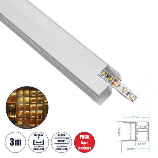 GLOBOSTAR® ALP-R-SHELF DODA 70814-3M Χωνευτό Προφίλ Αλουμινίου Ειδικό για Φωτισμό Ραφιού 18mm με Λευκό Γαλακτερό Πατητό Κάλυμμα για Ταινίες LED IP20 - Ασημί & Λευκό- Μ300 x Π1.5 x Υ2cm - Πακέτο 5 Τεμαχίων
