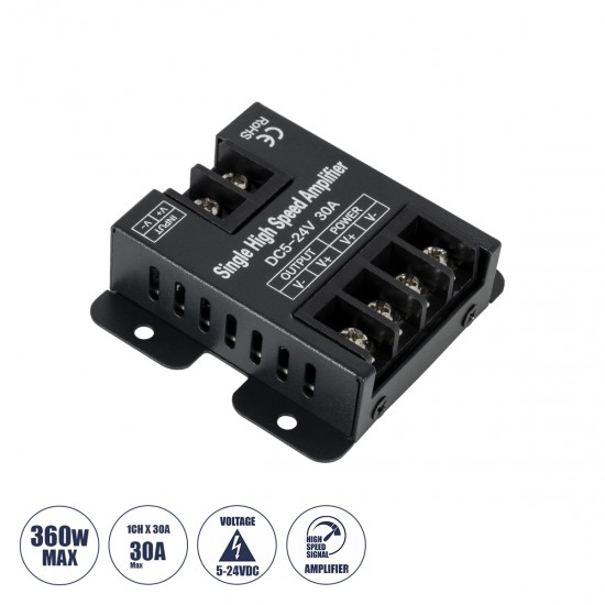 GLOBOSTAR® AMPLIFIER 73396 DC Ενισχυτής Ισχύος & Σήματος Υψηλής Ταχύτητας με 1 x 30A 360W Κανάλια DC 5-24V 30A 360W Max IP20 - Μ6.3 x Π6.7 x Υ2cm - 3 Χρόνια Εγγύηση