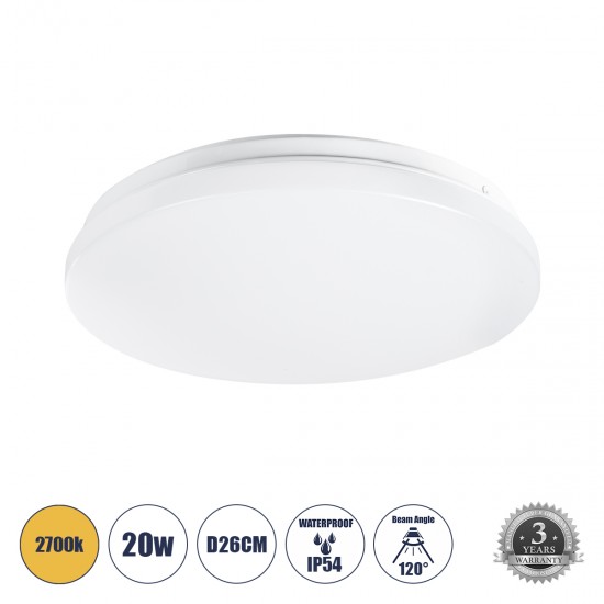 GLOBOSTAR® CELANO 61007 Μοντέρνο Φωτιστικό Οροφής LED 20W 1800lm 120° AC 220-240V Αδιάβροχο IP54 Θερμό Λευκό 2700K - Lumileds SMD Chip - Λευκό Γαλακτερό - Μ26 x Π26 x Υ6cm - 3 Χρόνια Εγγύηση