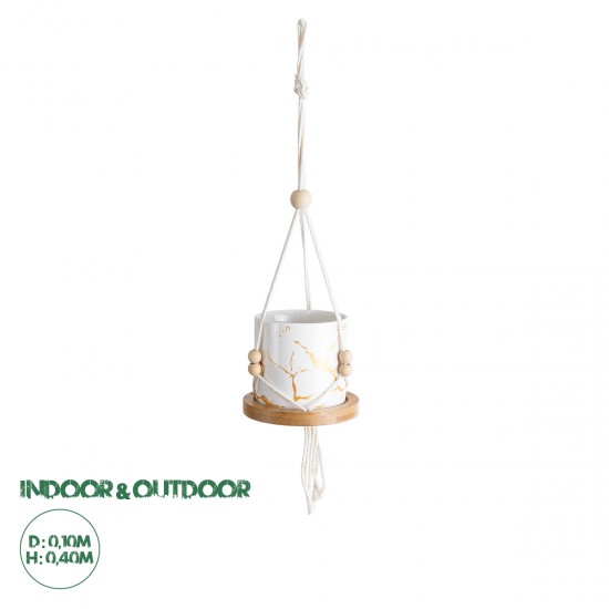 GloboStar® Artificial Garden USBOA 20545 Κρεμαστό Διακοσμητικό Κεραμικό Κασπώ Γλάστρα - Flower Pot Λευκό με Χρυσές Λεπτομέρειες και Μπεζ Ξύλινη Βάση Φ10 x Υ40cm