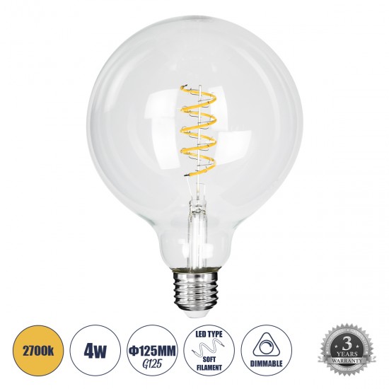 GLOBOSTAR® BUBBLE 99137 Λάμπα E27 G125 LED 4W 300lm 360° AC 220-240V IP20 Θερμό Λευκό 2700K Dimmable - Soft S Spiral Filament Chip - Διάφανο - Μ12.5 x Π12.5 x Υ18cm - 3 Χρόνια Εγγύηση