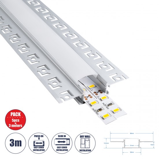 GLOBOSTAR® ALP-PLASTERIN GYPSO 70819-3M Χωνευτό Προφίλ Αλουμινίου Ειδικό για Γυψοσανίδα με Λευκό Γαλακτερό Πατητό Κάλυμμα για Ταινίες LED IP20 - Ασημί & Λευκό - Μ300 x Π6.7 x Υ1.4cm - Πακέτο 5 Τεμαχίων