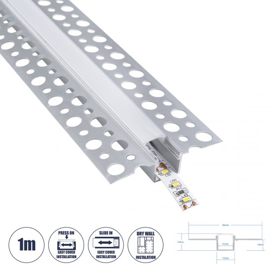 GLOBOSTAR® ALP-PLASTERIN GYPSO 70838-1M Χωνευτό Προφίλ Αλουμινίου Ειδικό για Γυψοσανίδα με Λευκό Γαλακτερό Πατητό Κάλυμμα για Ταινίες LED IP20 - Ασημί & Λευκό - Μ100 x Π5.6 x Υ1.5cm