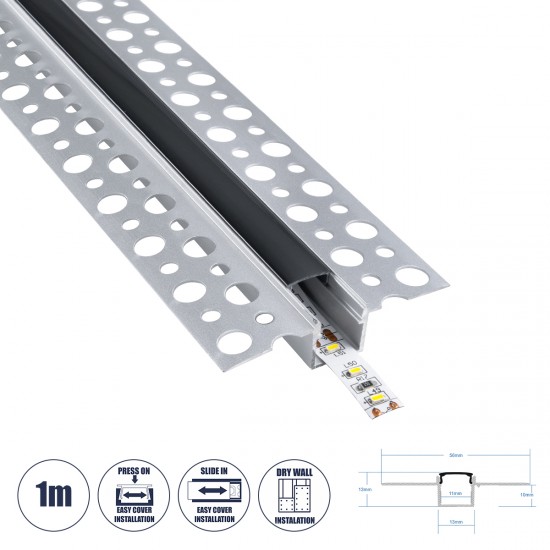 GLOBOSTAR® ALP-PLASTERIN GYPSO 70839-1M Χωνευτό Προφίλ Αλουμινίου Ειδικό για Γυψοσανίδα με Μαύρο Φιμέ Πατητό Κάλυμμα για Ταινίες LED IP20 - Ασημί & Μαύρο - Μ100 x Π5.6 x Υ1.5cm