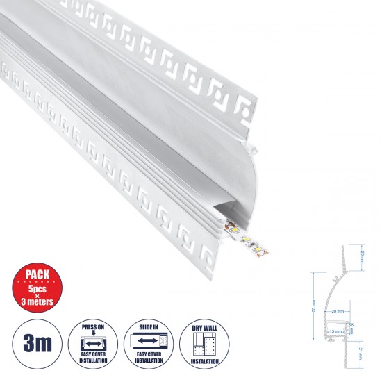 GLOBOSTAR® ALP-PLASTERIN GYPSO 70840-3M Χωνευτό Προφίλ Αλουμινίου Ειδικό για Δημιουργία Κρυφού Φωτισμού σε Γυψοσανίδα με Λευκό Γαλακτερό Πατητό Κάλυμμα για Ταινίες LED IP20 - Ασημί & Λευκό - Μ300 x Π9.7 x Υ2cm - Πακέτο 5 Τεμαχίων