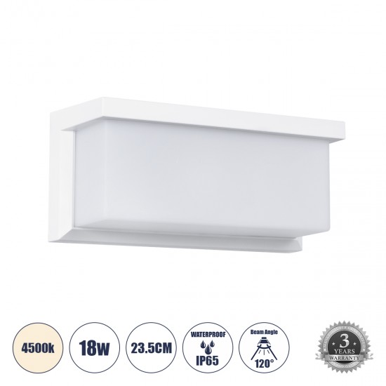 GLOBOSTAR® CITYSCAPE 60697 Μοντέρνο Φωτιστικό Τοίχου - Απλίκα LED 18W 1890lm 120° AC 220-240V Αδιάβροχο IP65 Φυσικό Λευκό 4500K - Bridgelux SMD Chip - Λευκό Ματ - Μ23.5 x Π11 x Υ10cm - 3 Χρόνια Εγγύηση