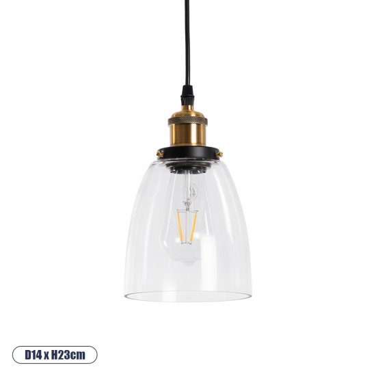 GLOBOSTAR® WICKHAM 01168 Vintage Κρεμαστό Φωτιστικό Οροφής με Ντουί 1 x E27 AC 220-240V IP20 - Χρυσό & Διάφανο - Μ14 x Π14 x Y23cm